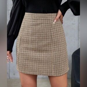 Shein Skirt Womens Sz 2 Brown Houndstooth Woven Mini Wool Blend Back Zip Pull On